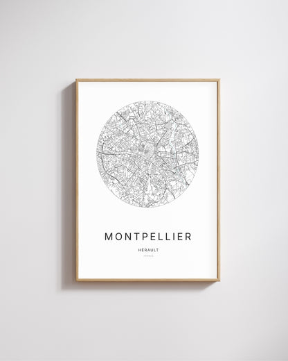 Affiche minimaliste de Montpellier – carte et plan de la ville, poster décoratif City Origin.