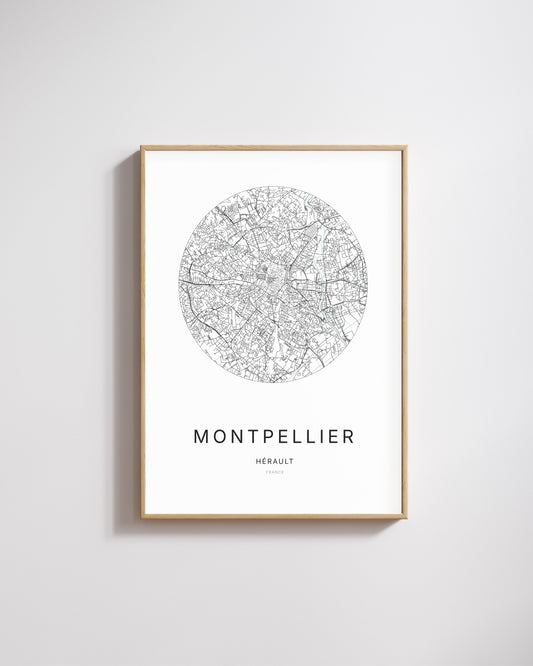 Affiche minimaliste de Montpellier – carte et plan de la ville, poster décoratif City Origin.