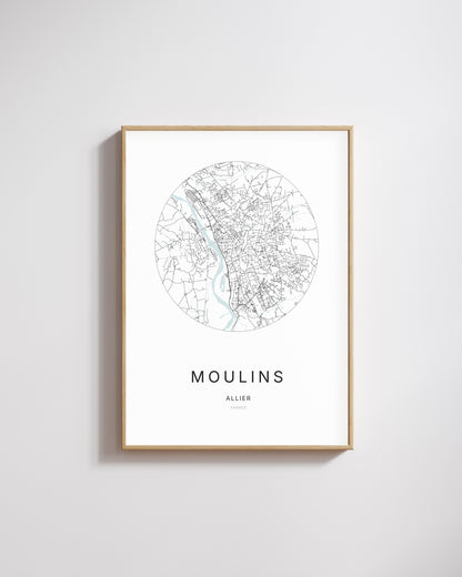 Affiche minimaliste de Moulins – plan de ville.