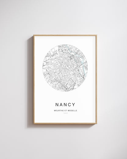 Affiche minimaliste de Nancy – carte et plan de la ville, poster décoratif City Origin.