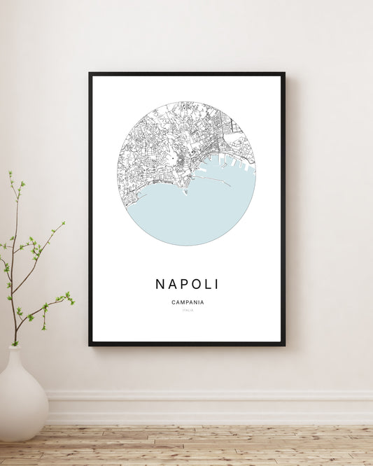 Affiche plan de ville minimaliste de Napoli encadrée en noir.