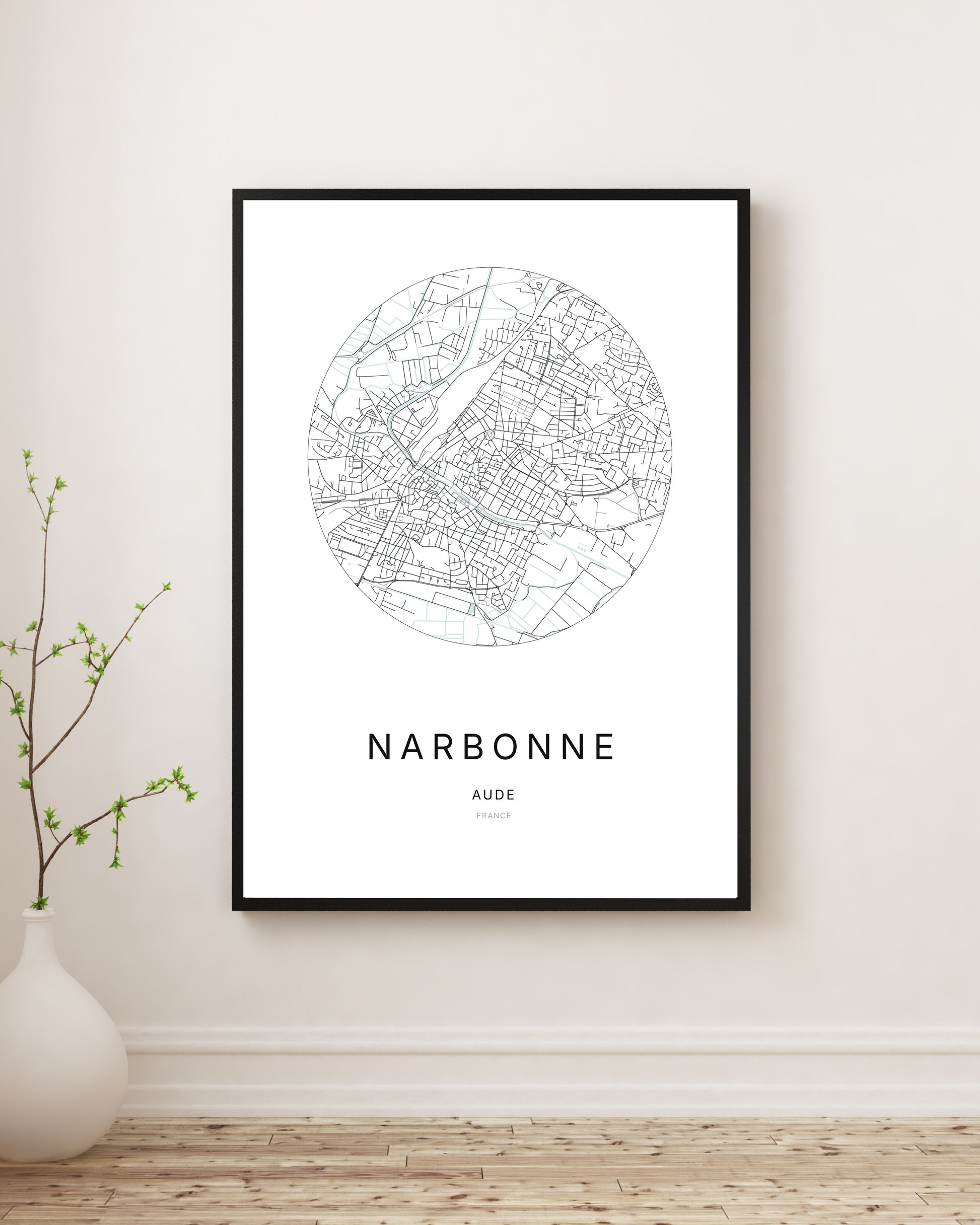 Affiche minimaliste du plan de la ville de Narbonne.