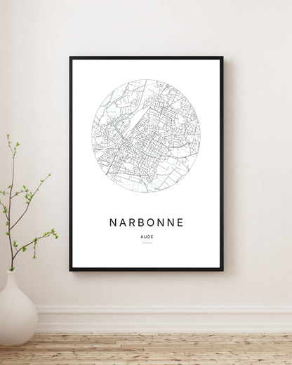 Affiche minimaliste du plan de la ville de Narbonne.