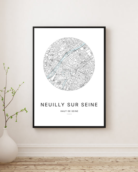 Affiche plan de ville minimaliste de Neuilly-sur-Seine encadrée en noir.
