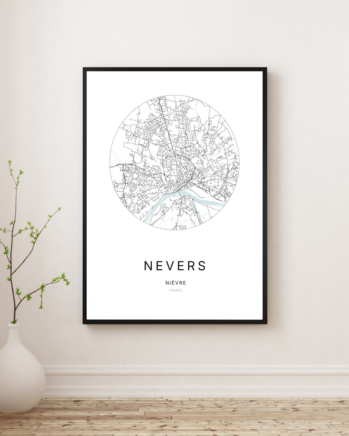 Affiche minimaliste du plan de la ville de Nevers.