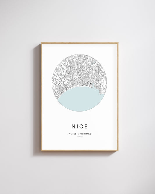 Affiche minimaliste de Nice – carte et plan de la ville, poster décoratif City Origin.