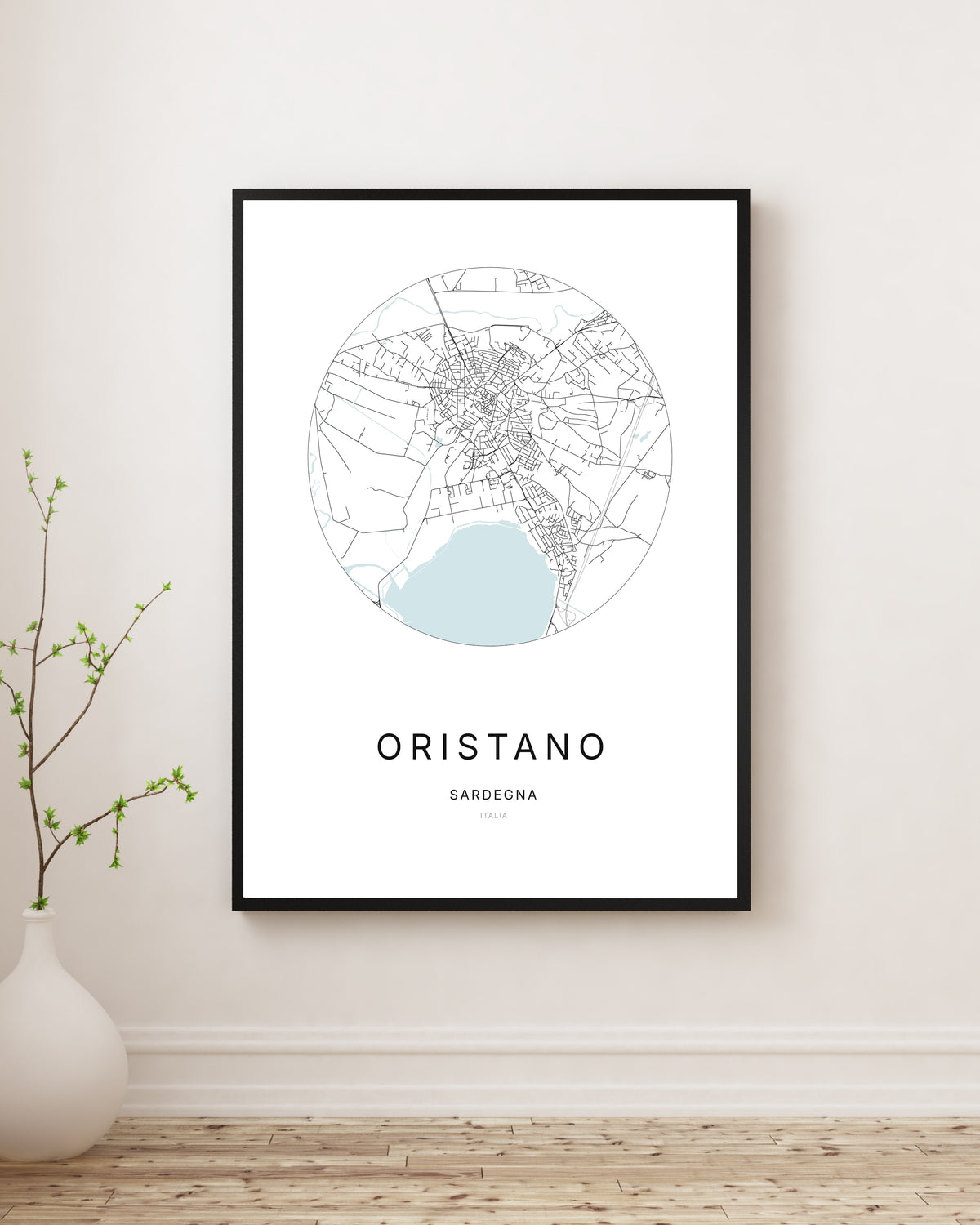 Poster minimalista con la mappa della città di Oristano.
