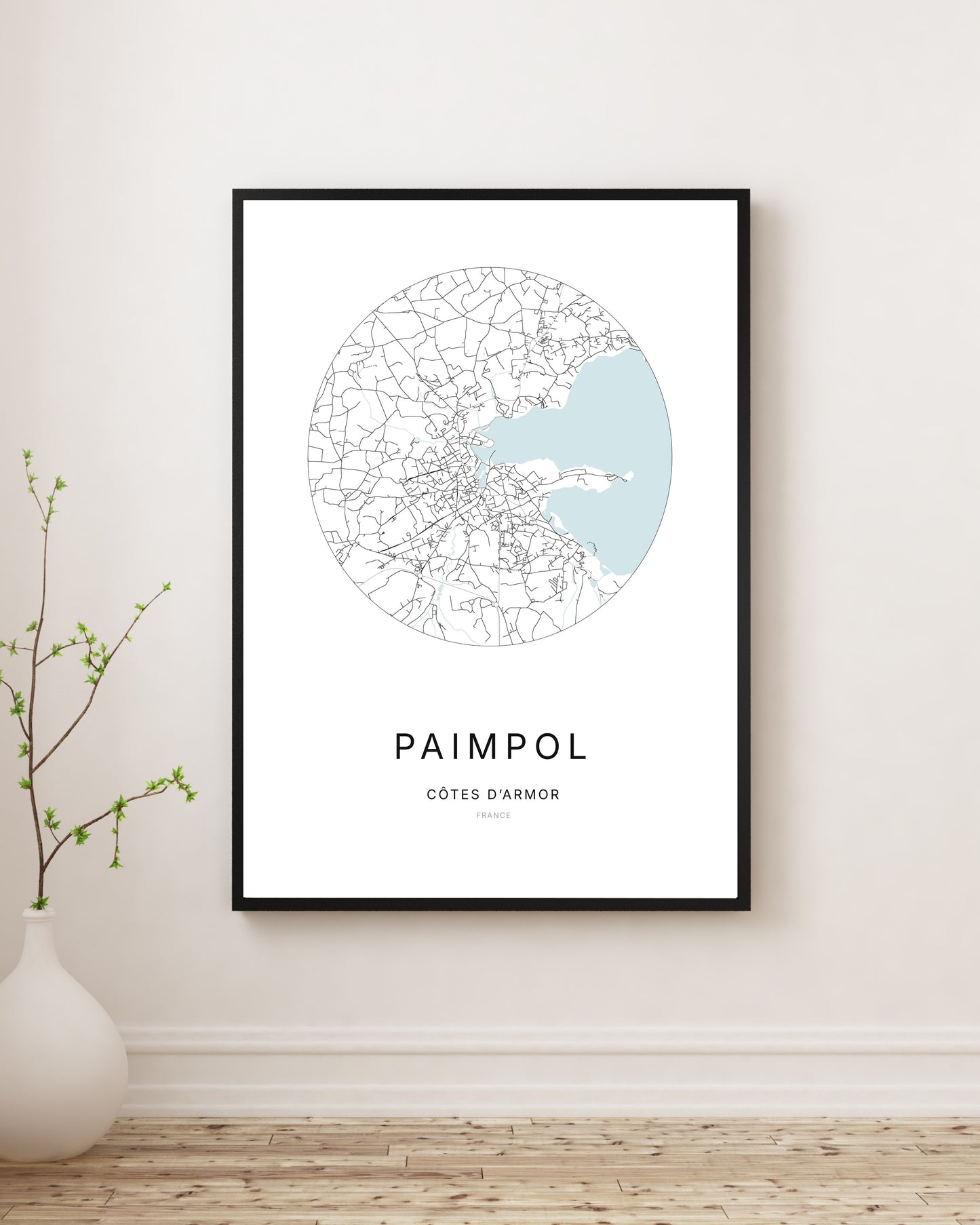 Affiche plan de ville minimaliste de Paimpol encadrée en noir