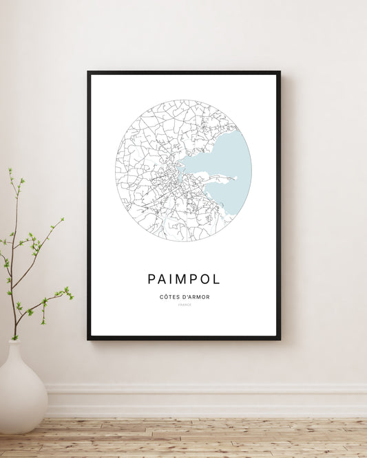 Affiche plan de ville minimaliste de Paimpol encadrée en noir