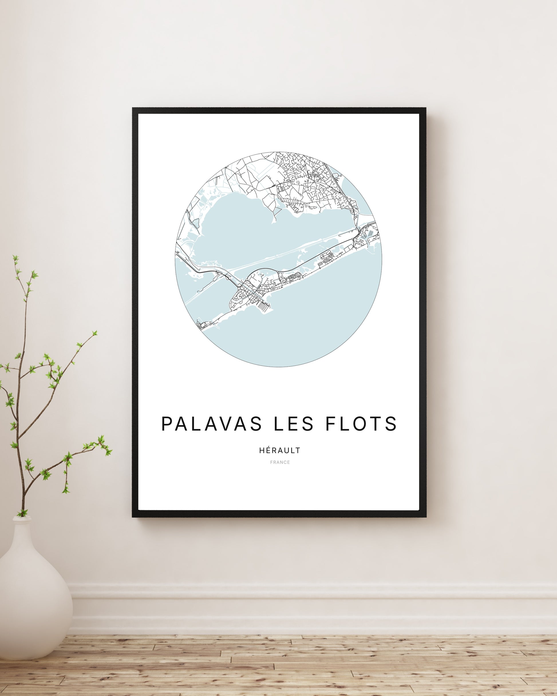 Affiche plan de ville minimaliste de Palavas-les-Flots encadrée en noir.