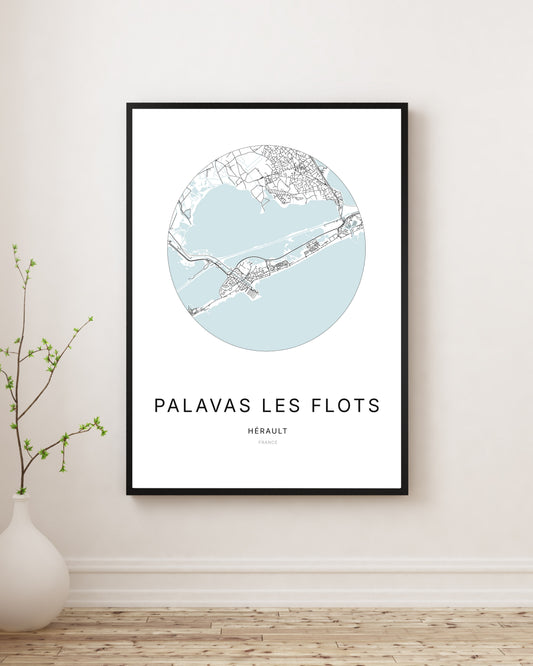Affiche plan de ville minimaliste de Palavas-les-Flots encadrée en noir.