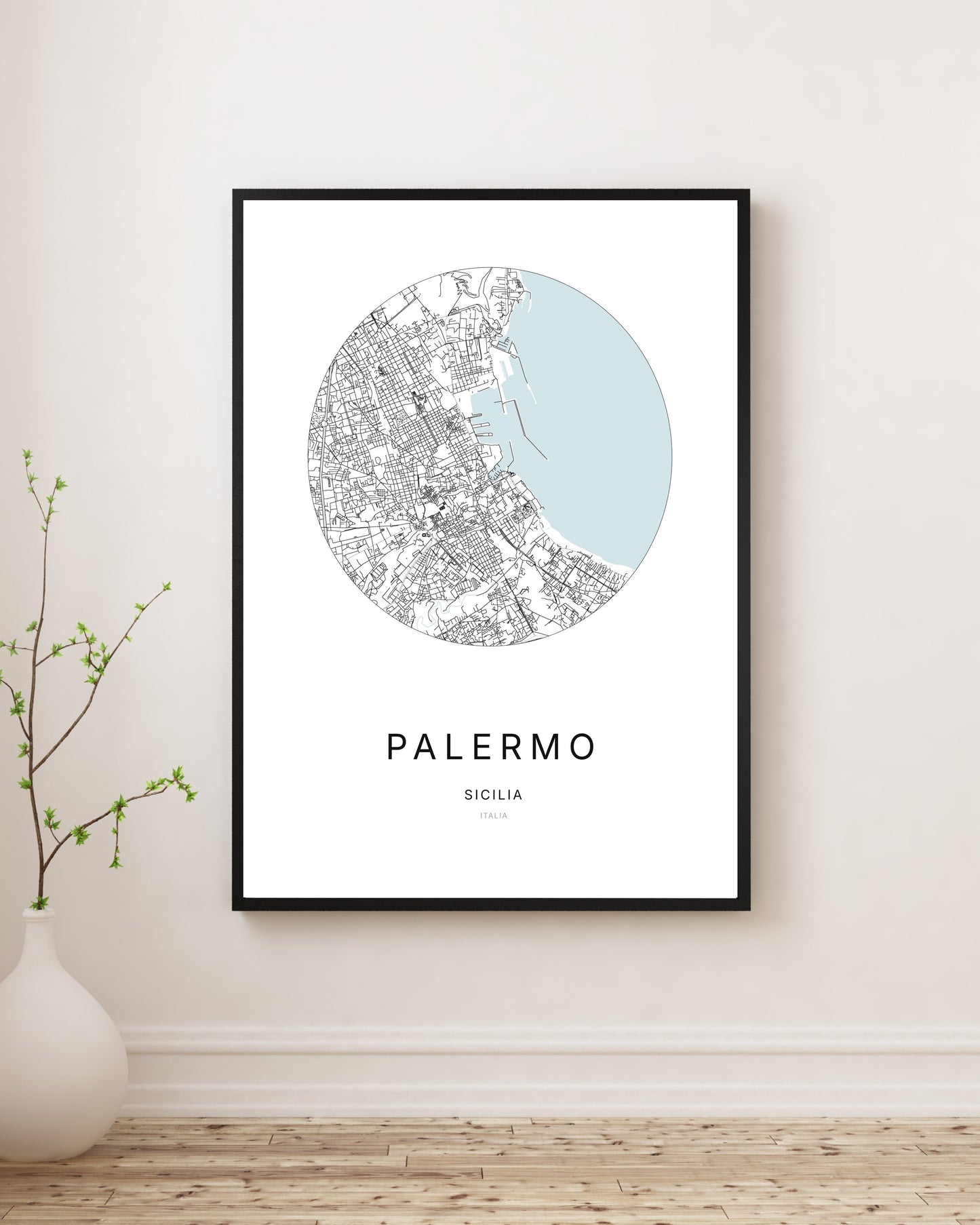 Affiche plan de ville minimaliste de Palermo encadrée en noir.