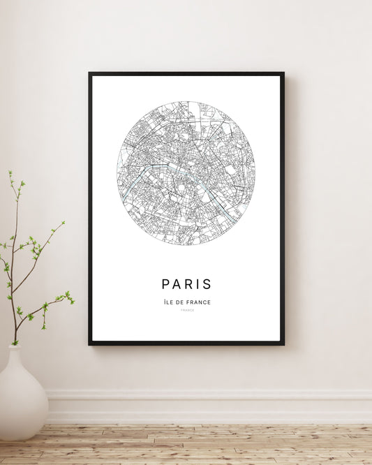 Affiche plan de ville minimaliste de Paris encadrée en noir