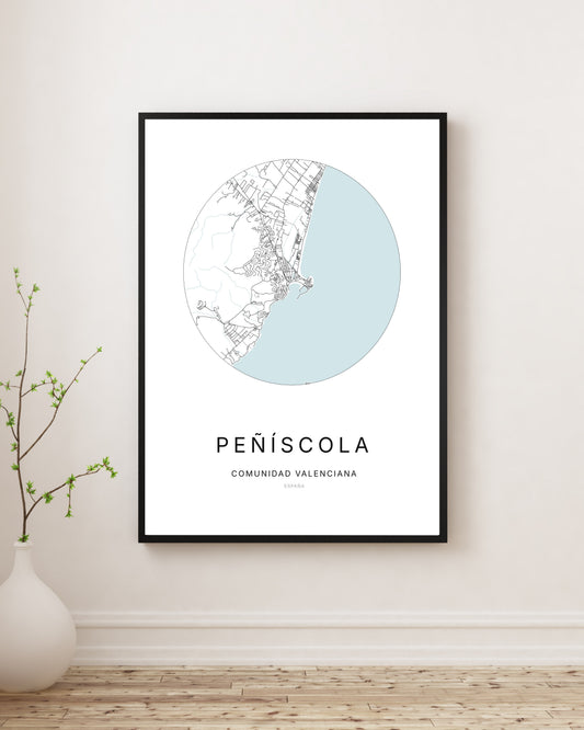 Affiche minimaliste du plan de la ville de Peñíscola.
