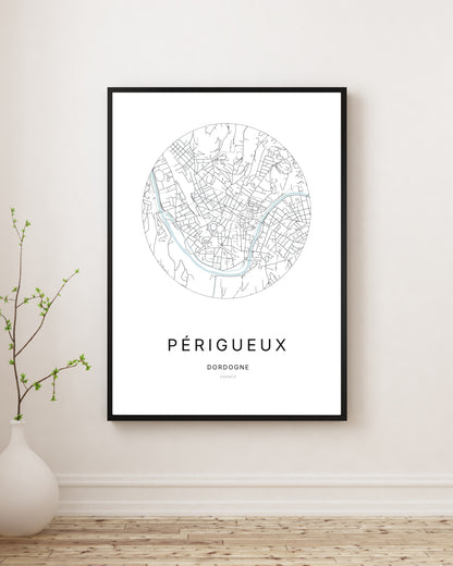 Affiche minimaliste du plan de la ville de Périgueux.
