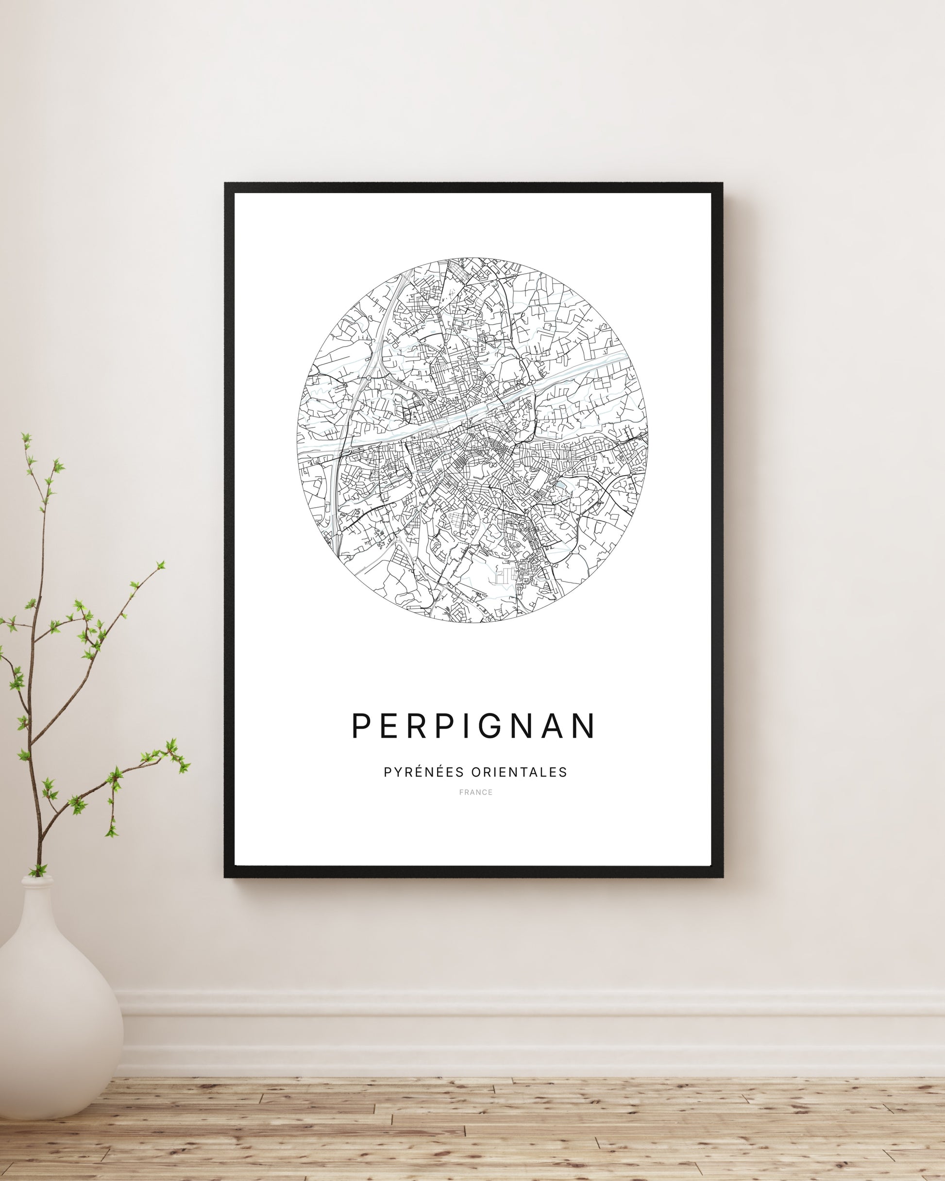 Affiche plan de ville minimaliste de Perpignan encadrée en noir