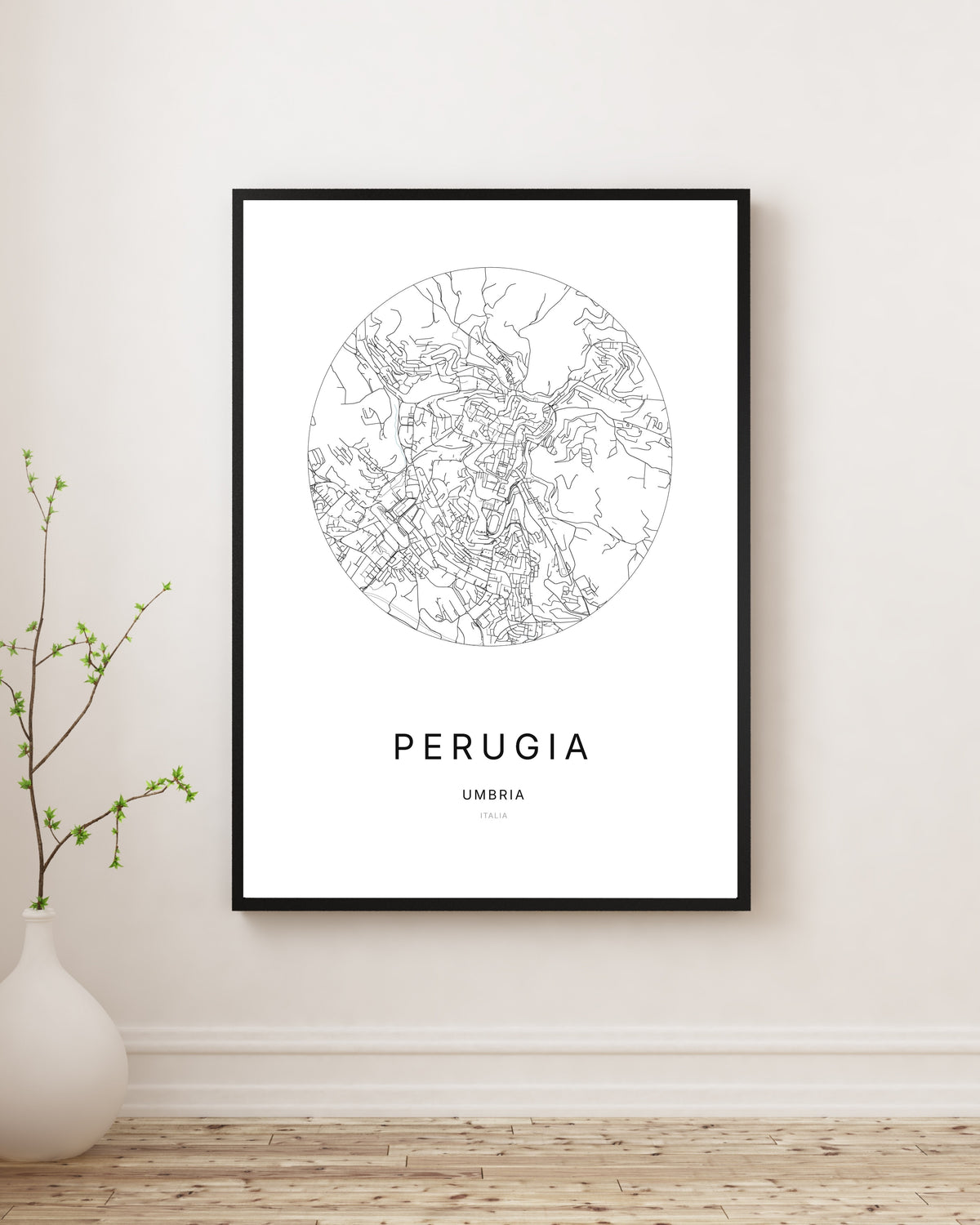 Poster minimalista con la mappa della città di Perugia.