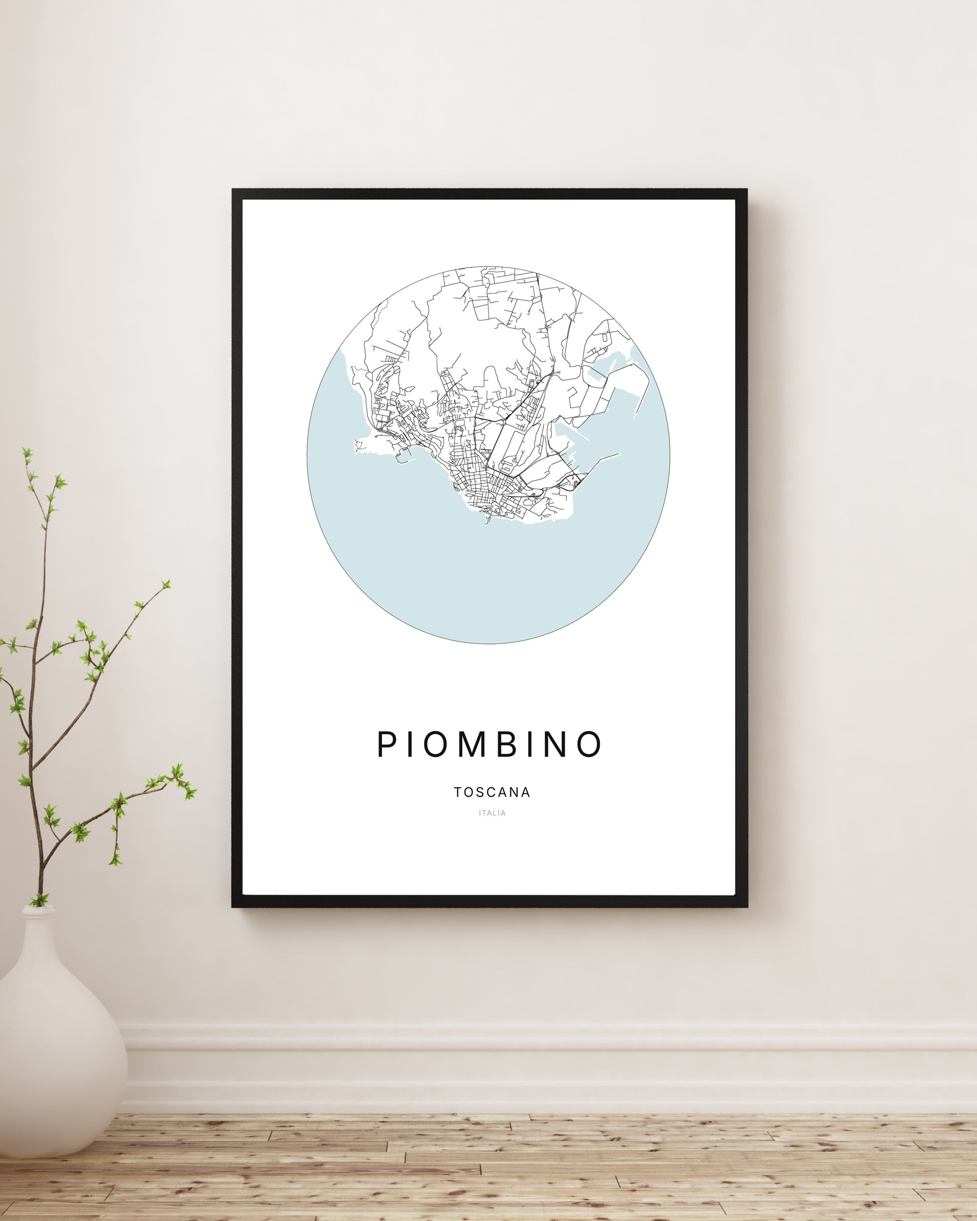 Affiche minimaliste du plan de la ville de Piombino.