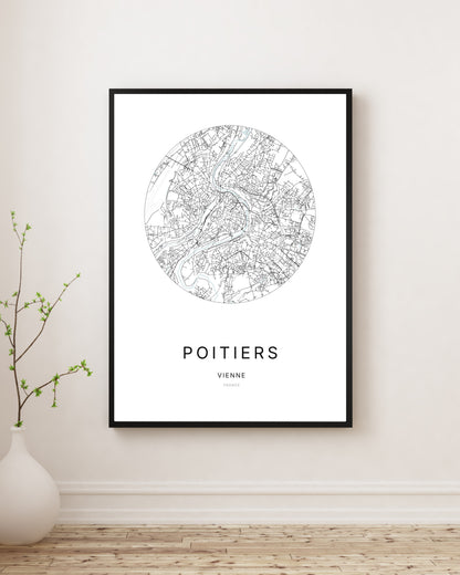 Affiche plan de ville minimaliste de Poitiers encadrée en noir.