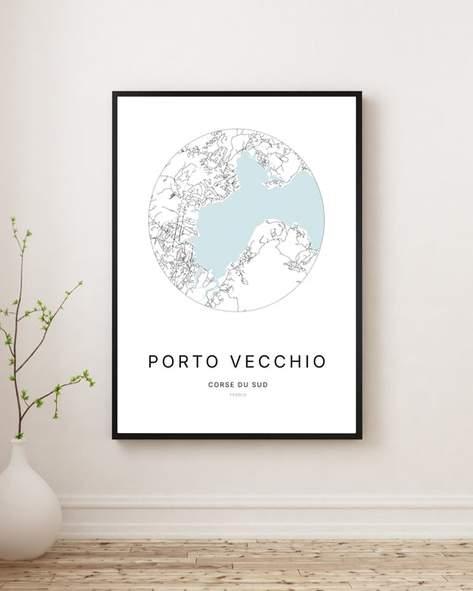 Affiche plan de ville minimaliste de Porto-Vecchio encadrée en noir.
