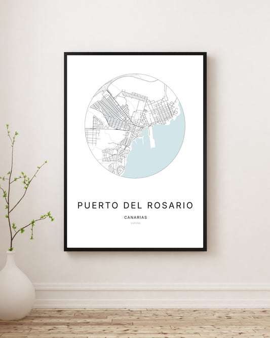 Affiche minimaliste du plan de la ville de Puerto del Rosario.