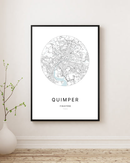 Affiche plan de ville minimaliste de Quimper encadrée en noir