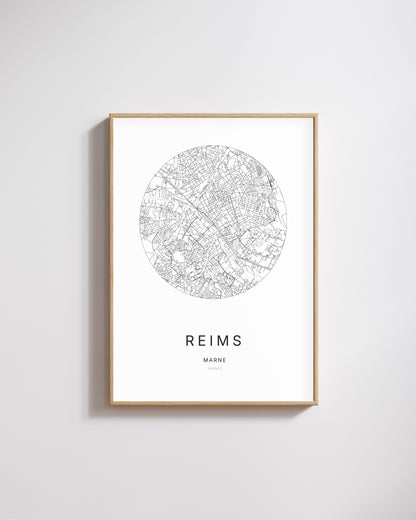 Affiche minimaliste de Reims – carte et plan de la ville, poster décoratif City Origin.