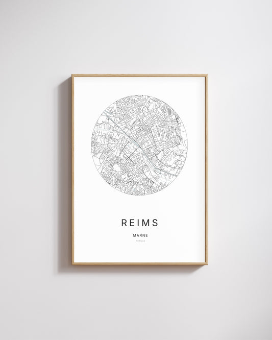Affiche minimaliste de Reims – carte et plan de la ville, poster décoratif City Origin.