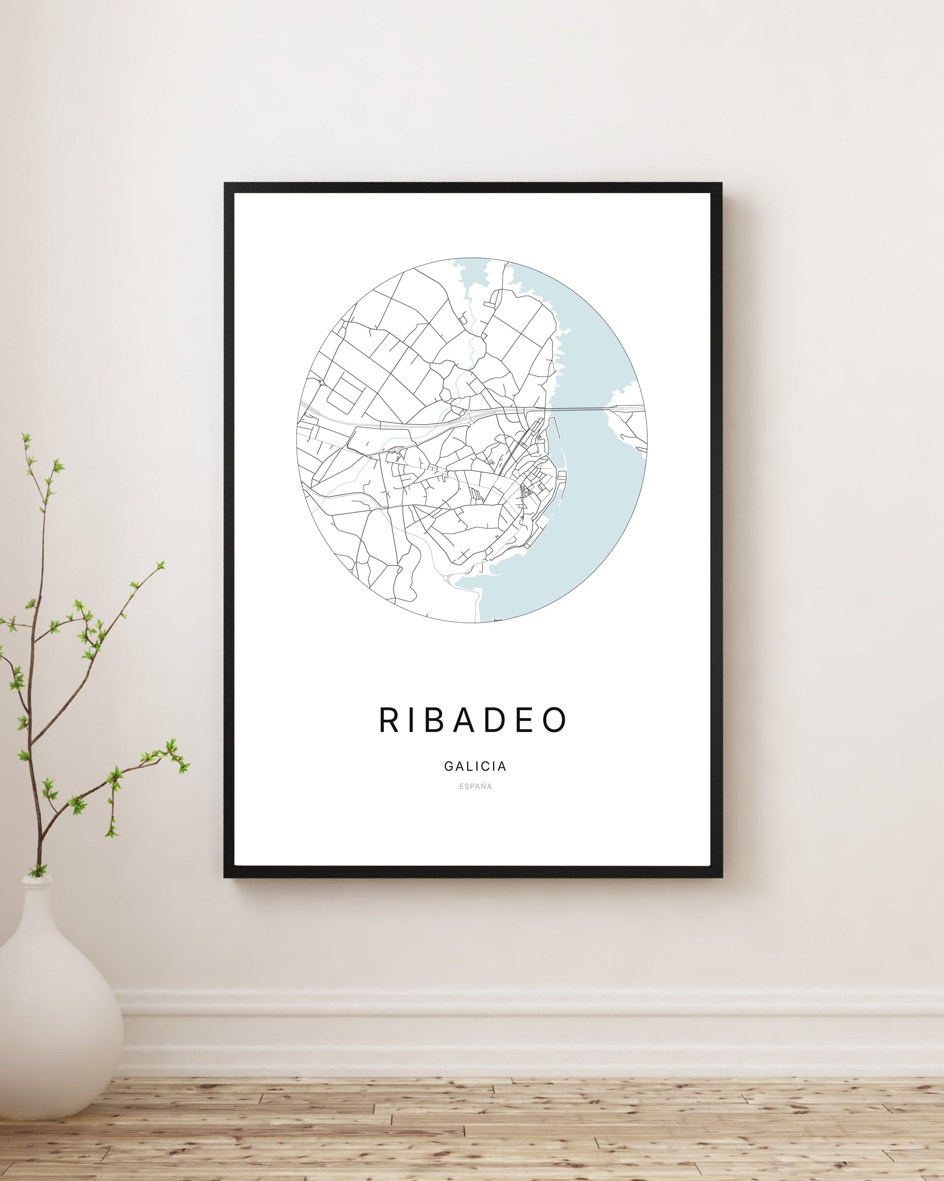 Affiche minimaliste du plan de la ville de Ribadeo.
