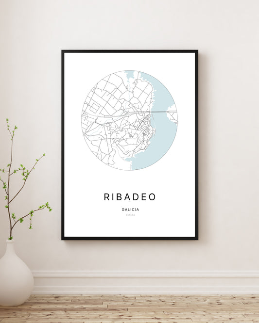 Affiche minimaliste du plan de la ville de Ribadeo.