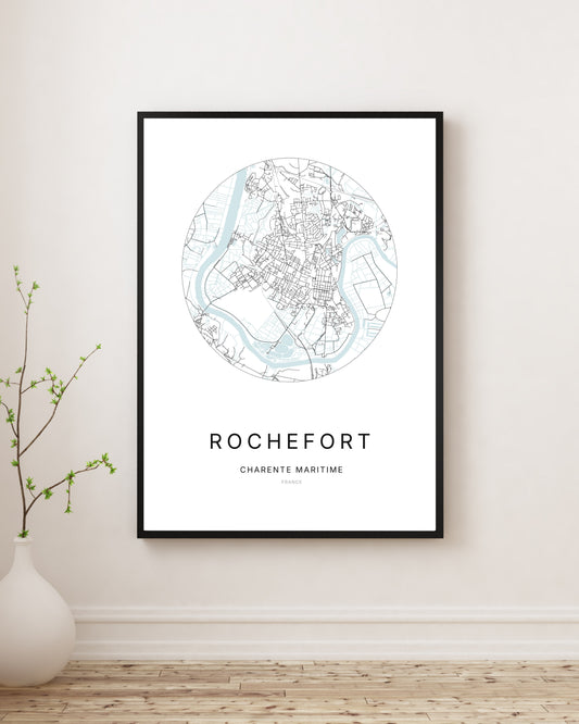 Affiche plan de ville minimaliste de Rochefort encadrée en noir.