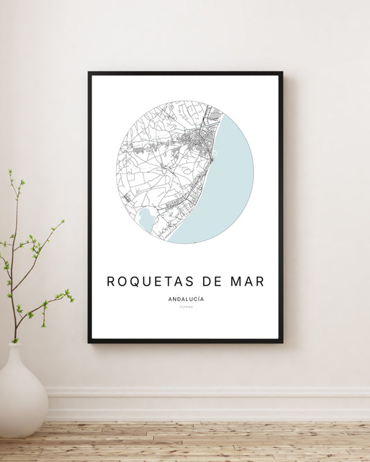 Affiche minimaliste du plan de la ville de Roquetas de Mar.