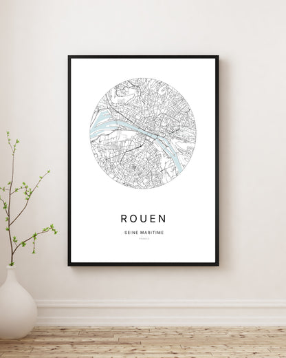 Affiche plan de ville minimaliste de Rouen encadrée en noir.