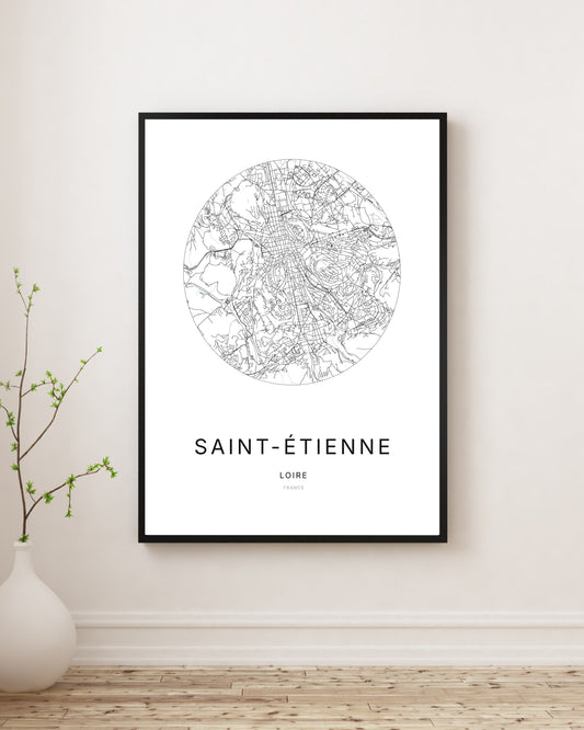Affiche plan de ville minimaliste de Saint-Étienne encadrée en noir
