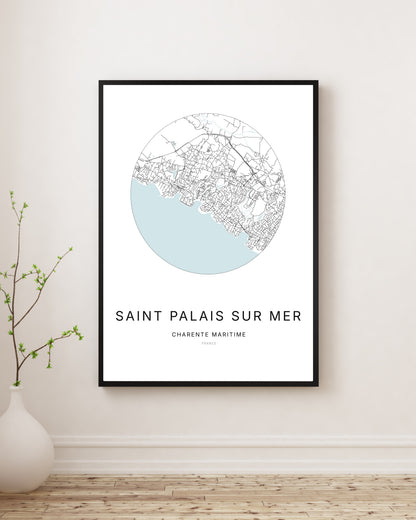 Affiche plan de ville minimaliste de Saint-Palais-sur-Mer encadrée en noir.