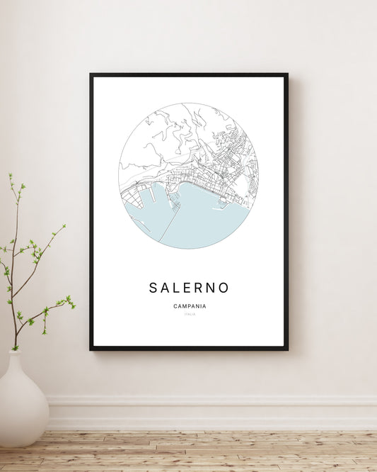 Affiche plan de ville minimaliste de Salerno encadrée en noir.