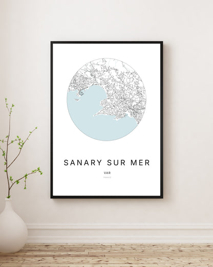 Affiche plan de ville minimaliste de Sanary-sur-Mer encadrée en noir.