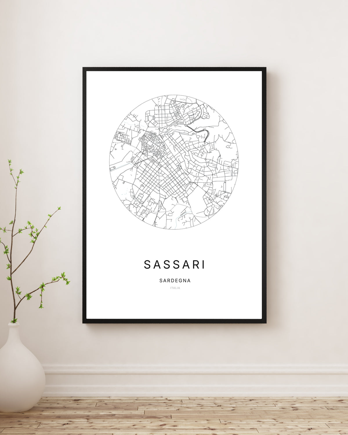 Affiche minimaliste du plan de la ville de Sassari.