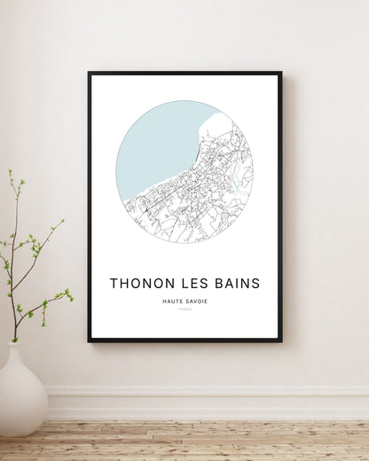 Affiche plan de ville minimaliste de Thonon-les-Bains encadrée en noir.