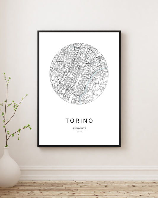 Affiche plan de ville minimaliste de Torino encadrée en noir.
