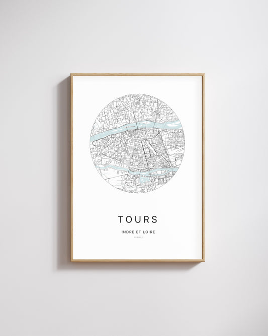 Affiche minimaliste de Tours – carte et plan de la ville, poster décoratif City Origin.