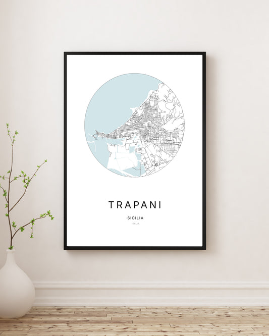 Affiche minimaliste du plan de la ville de Trapani.