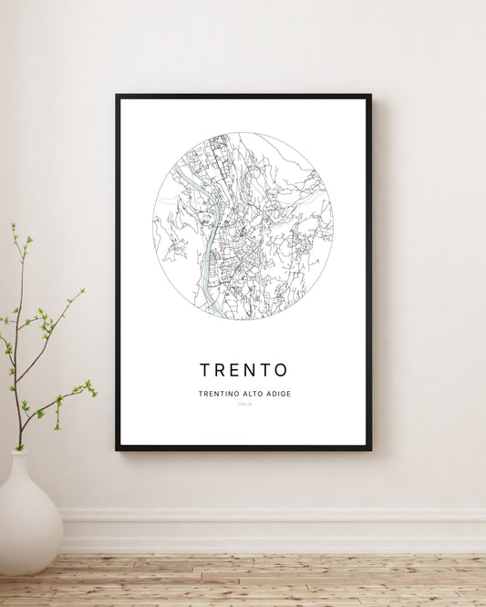 Affiche plan de ville minimaliste de Trento encadrée en noir.