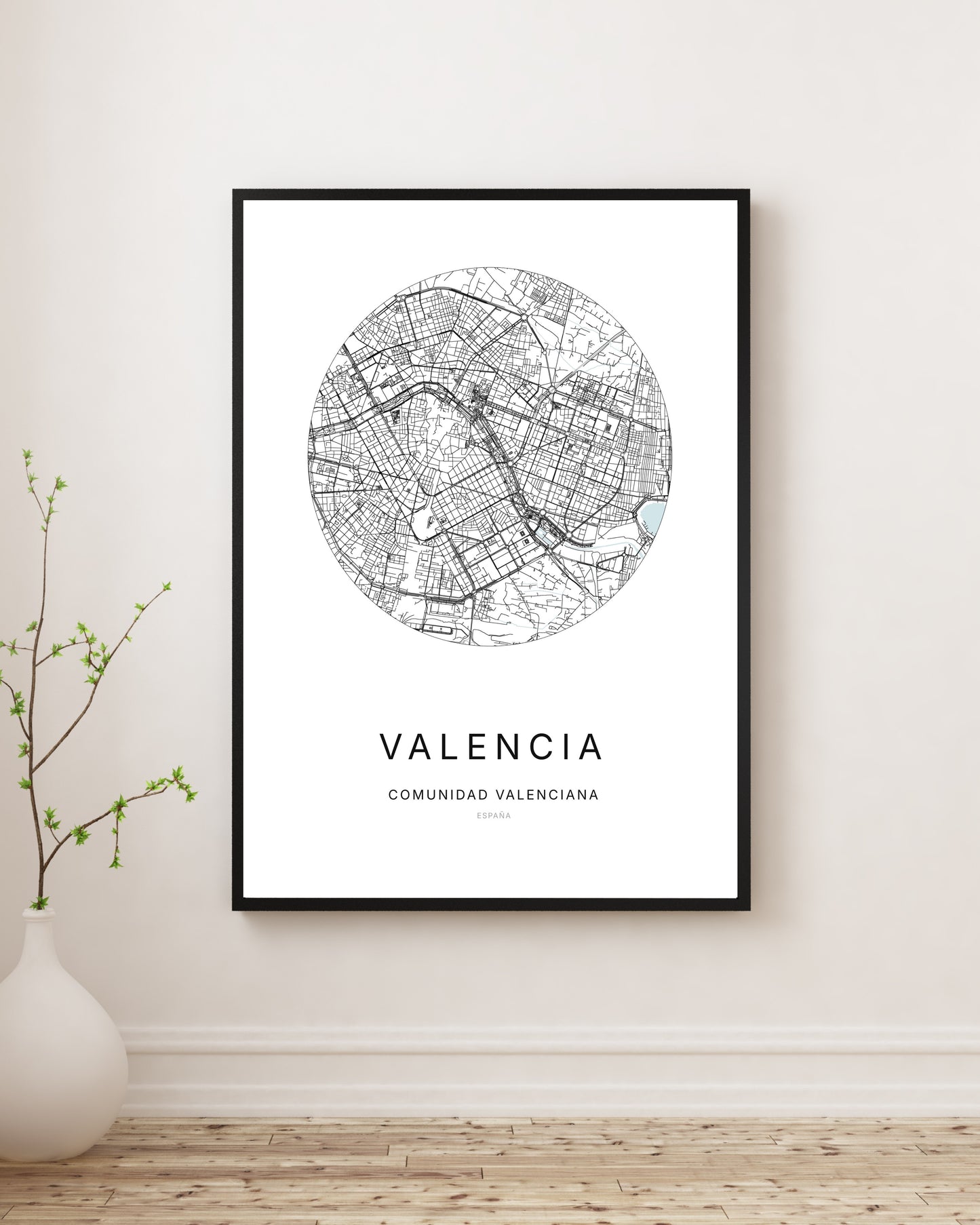 Affiche minimaliste du plan de la ville de Valencia.