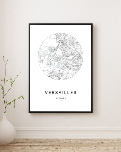 Affiche plan de ville minimaliste de Versailles encadrée en noir.