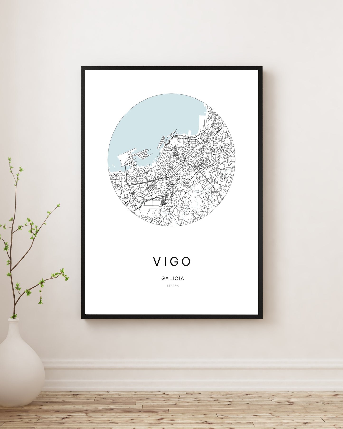 Affiche minimaliste du plan de la ville de Vigo.