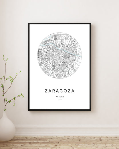 Affiche minimaliste du plan de la ville de Zaragoza.