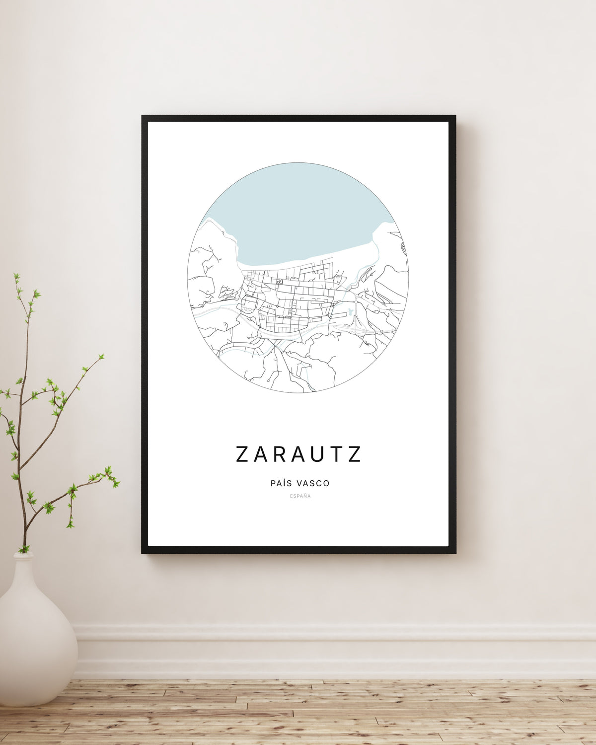 Affiche minimaliste du plan de la ville de Zarautz.