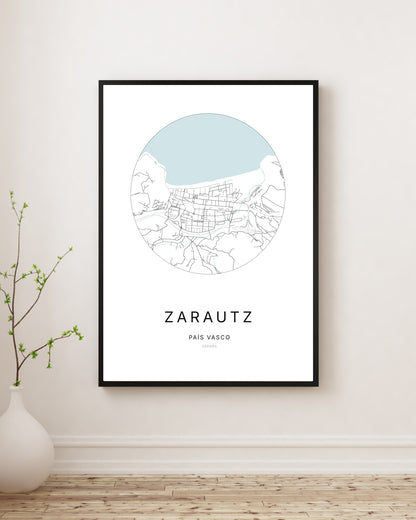 Affiche minimaliste du plan de la ville de Zarautz.
