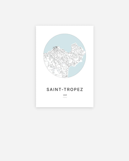 Affiche minimaliste de Saint-Tropez représentant le plan de la ville en design épuré.